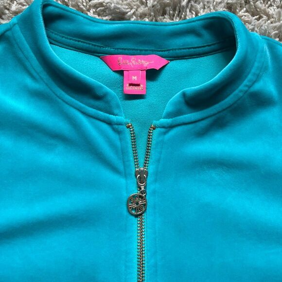 Lilly Pulitzer Jacket Women M Teal Velour Full Zip Puff Sleeve W Pockets - Picture 2 of 12